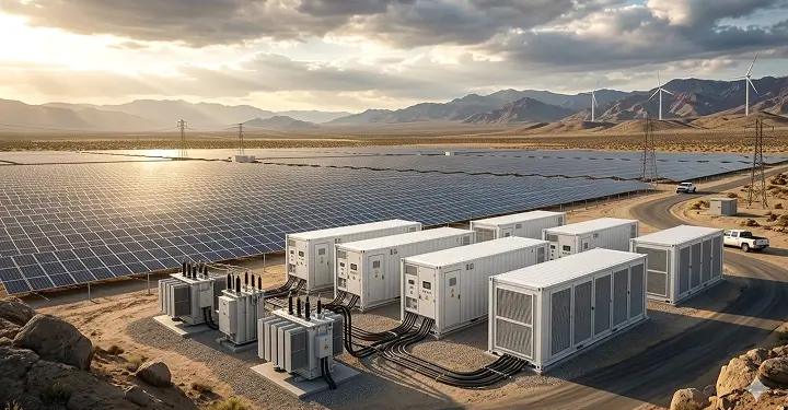Solar panels and battery storage at a renewable energy site in Portugal